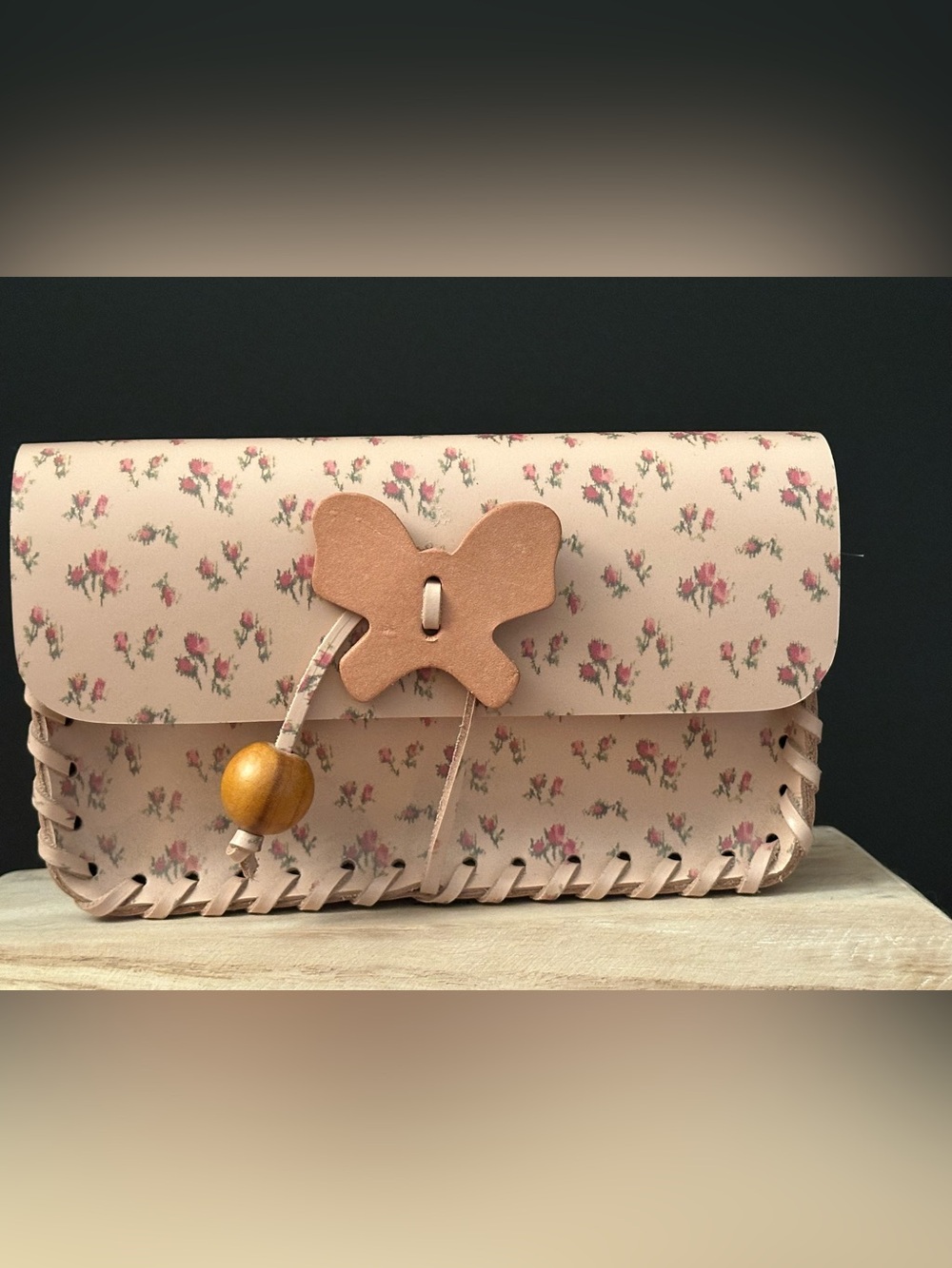 Anna Sui Pink Rosebud Butterfly Leather Clutch
